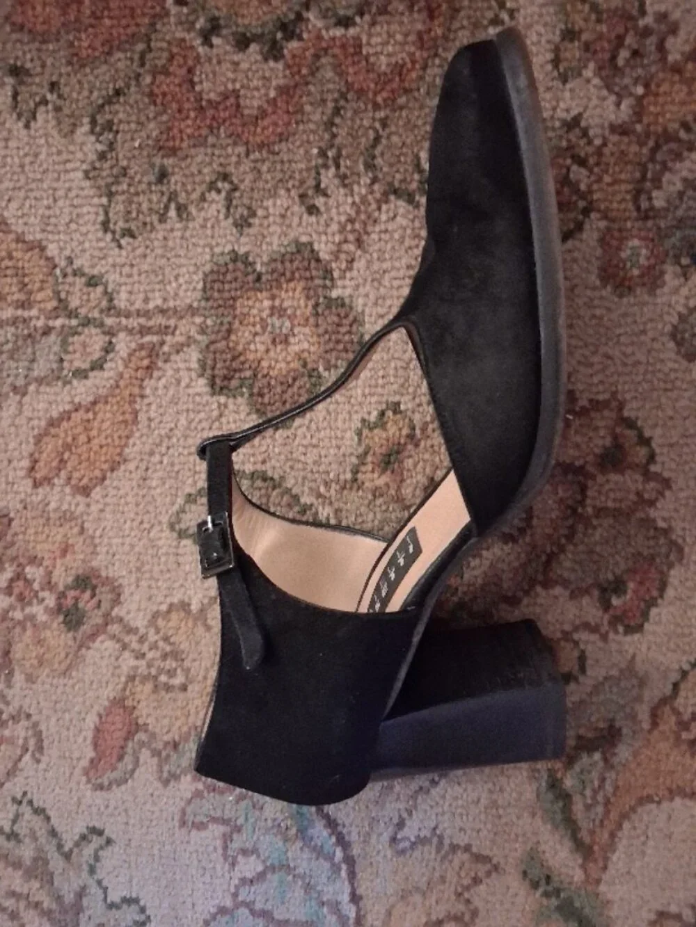Fratelli Rossetti Classic Black Suede Soft Square-Toe T-Strap Heels US 9.5 M